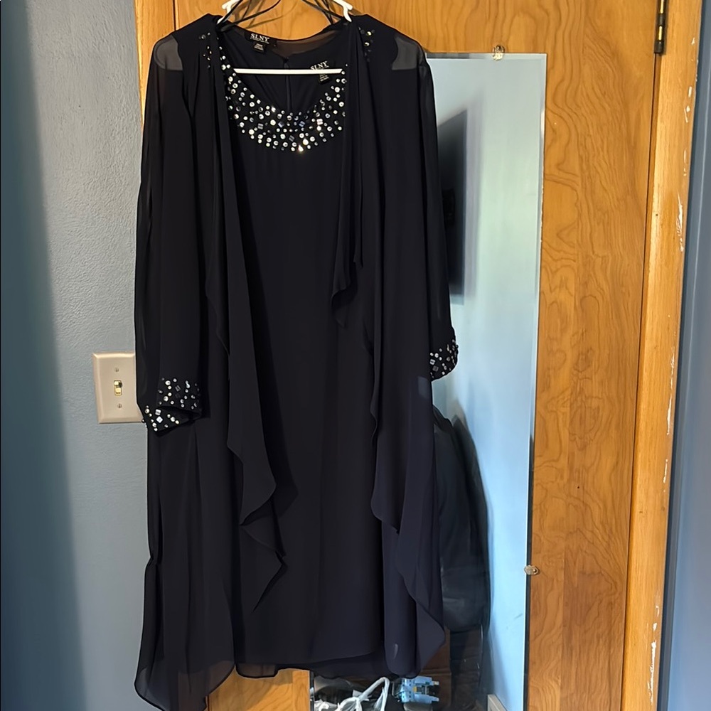 SLNY Navy Dress with Sheer Accents